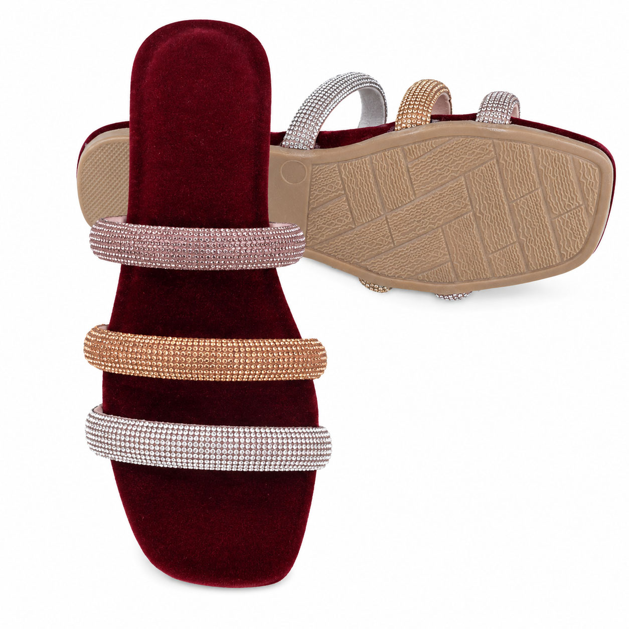 Luxe Triple Stripe Rhinestone Ladies Chappal - Image 4